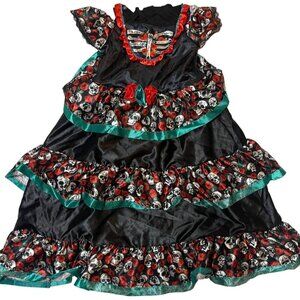 day of the dead kids Halloween costume dress skulls black red medium 8-10 READ